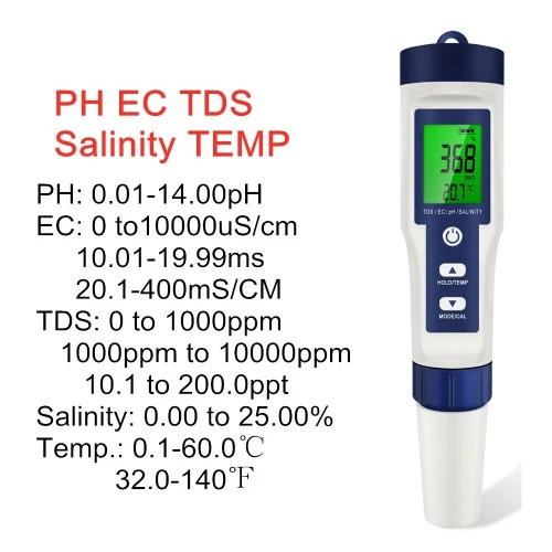 PH-Mètre de précision Testeur 5 en 1 pH / TDS / EC / Salinité / Température