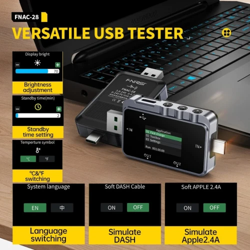 Testeur USB Type-C Voltmètre & Ampèremètre Numérique 2en1 FNIRSI FNAC 28 