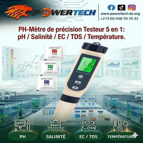 PH-Mètre de précision Testeur 5 en 1 pH / TDS / EC / Salinité / Température