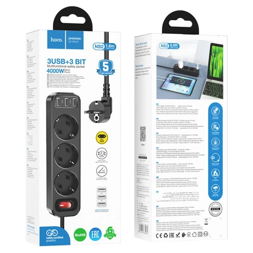 Multiprise HOCO NS2 3 Prises EU 4000W | 3 USB 2.4A 1.8m
