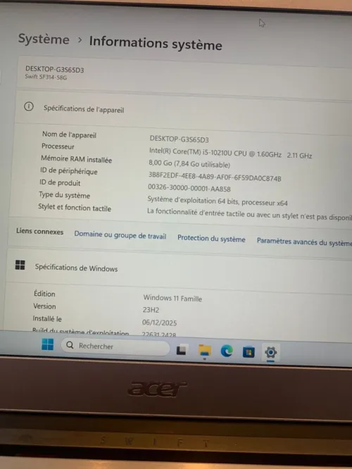 Acer Swift SF314-58 (i5 10ème) i5 10210U Ram 8 ddr4 SSD 512 NVME NVIDIA GeForce MX250