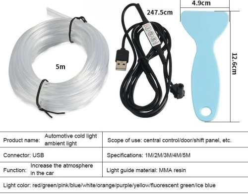 Bande lumineuse Fiber optique Led fluo RGB USB pour intérieur de voiture