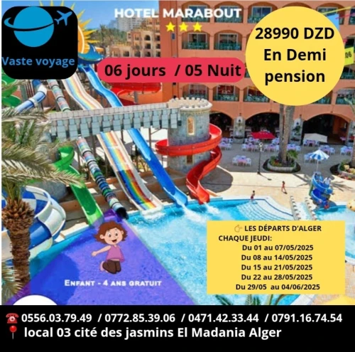 Sousse par bus 6 jours hôtel merabot et Houari palace a partir de 27500dzd