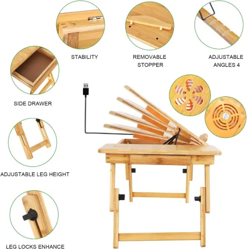 Table & Refroidisseur avec Deux Ventilateurs en Bois pour Laptop Pliable & Réglable BM60 BAMBOO 