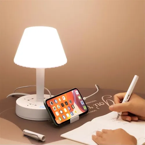 Lampe Veilleuse pour Chevet & Bureau avec Prises Secteur et Ports USB, Câble Secteur à 1.8m 