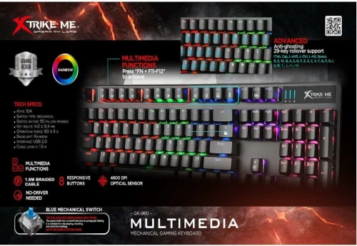 Clavier Gaming Mécanique Multimédia Anti-Ghosting Rétro-Éclairage RGB USB QWERTY GK-980 Xtrike Me