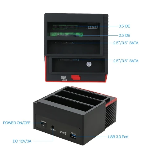 Station d'Accueil Triple HDD SATA & IDE 2,5" et 3,5" et Lecteur Carte Mémoire sur Port USB 3.0 893U3