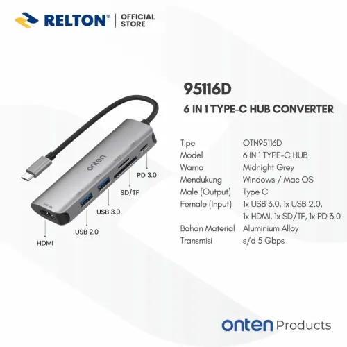 Station d'Accueil 6-en-1- USB-C, HDMI 4K, USB 3.0, Recharge PD, SD/TF, OTN-95116D ONTEN