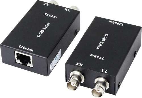 Convertisseur G.703 Balun Professionnel d'Impédance Bidirectionnel Coaxial 75 Ohm (Double BNC Femelle TX/RX) vers RJ45 Blindé 120 Ohm
