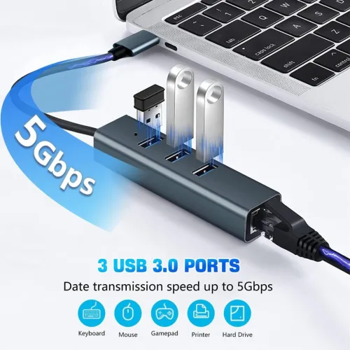Adaptateur USB Type-C vers Ethernet RJ45 Gigabit & Hub 3 ports USB 3.0