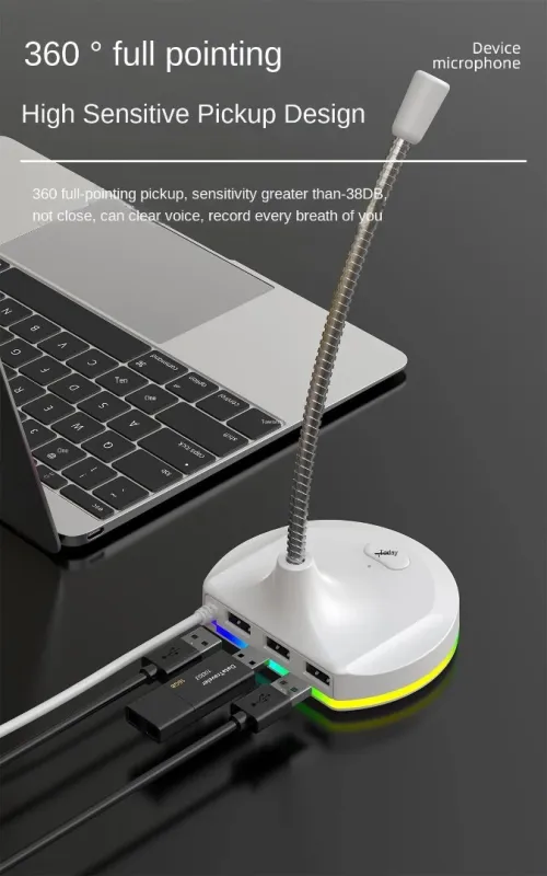 Microphone USB Omni Directionnel Flexible avec Hub 3 Ports USB, RGB, Anti- Bruit, Plug & Play