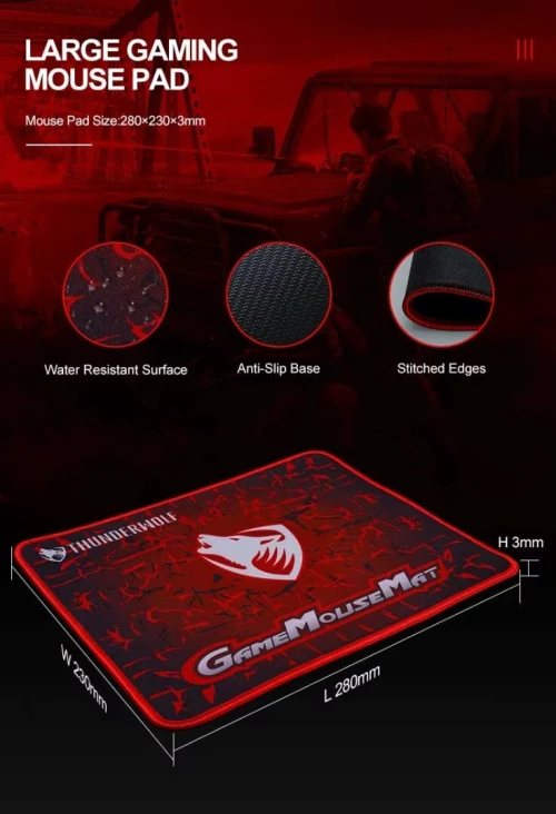  Pack Gaming 4en1 - Clavier Filaire, Souris 4 Boutons, Casque Stéréo avec Micro & Tapis TF400 T-WOLF