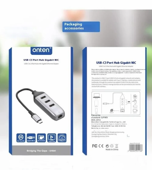 Adaptateur USB Type-C 4 en 1 Port RJ45 Réseau Ethernet Gigabit & Hub 3x USB 3.0 OTN-95118R ONTEN