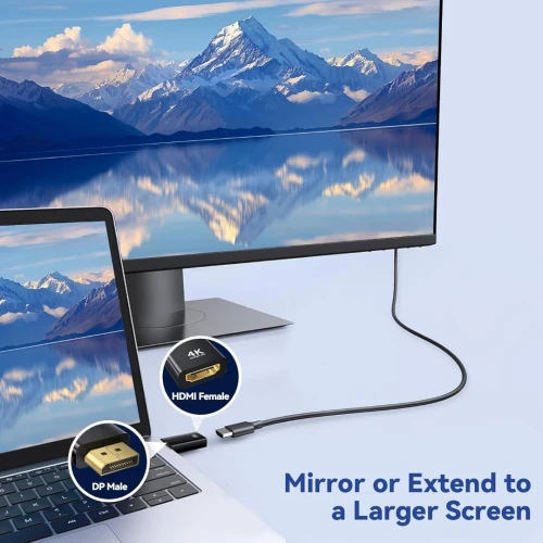 Adaptateur High-Speed DisplayPort Male to HDMI Female, Supports 4K@60Hz, HDCP 2.2, 3D, and Audio.