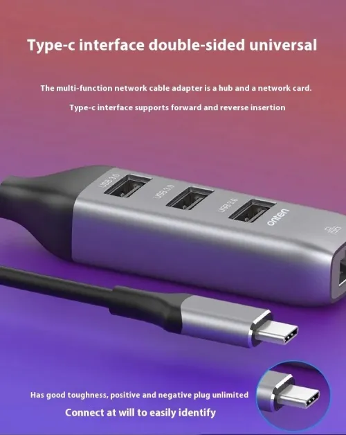 Adaptateur USB Type-C 4 en 1 Port RJ45 Réseau Ethernet Gigabit & Hub 3x USB 3.0 OTN-95118R ONTEN