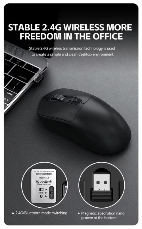 Souris Sans Fil Double Mode Bluetooth & 2.4 GHz Rechargeable, Jusqu'à 3200 DPI X8 T-WOLF