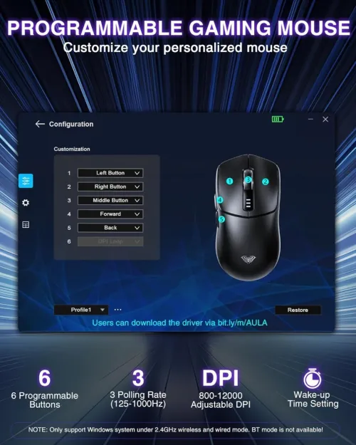 Souris Gaming Professionnel Tri-mode BT 5.0, 2.4G, Filaire jusqu'à 10000DPI Rechargeable SC580 AULA