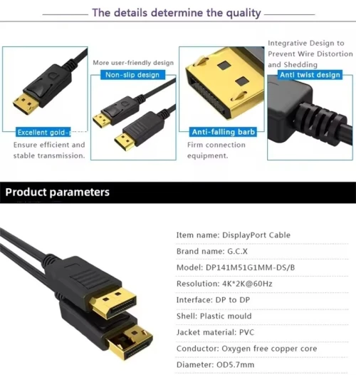 Câble DisplayPort DP 1.2 4K 144 Hz, Câble Audio et Vidéo 1.8 m