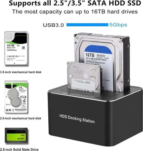Station d'Accueil Double Disques Durs SATA 2,5/3,5 Pouces, USB 3.0, avec Clonage Offline