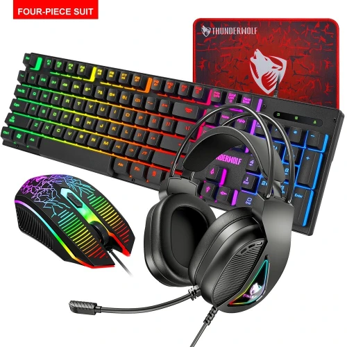  Pack Gaming 4en1 - Clavier Filaire, Souris 4 Boutons, Casque Stéréo avec Micro & Tapis TF400 T-WOLF