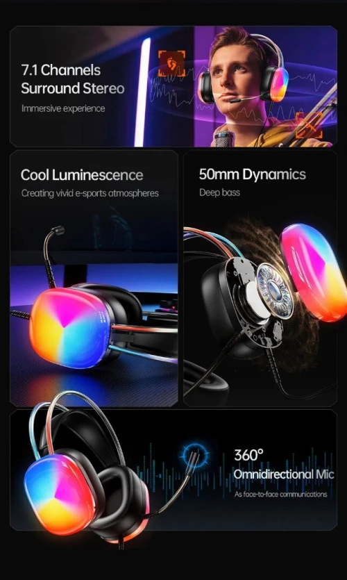 Casque Gaming Professionnel Jack 3.5 mm 7.1 Microphone Flexible Antibruit Rétroéclairage RGB H-600