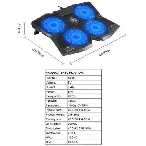 Refroidisseur Laptop avec 4 Ventilateurs Réglables Compatibles jusqu'à 17" S400