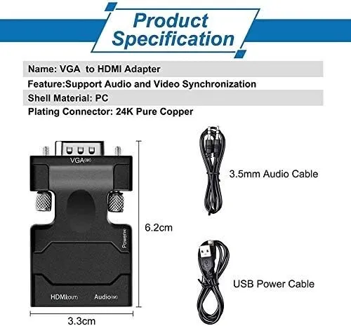 Adaptateur Convertisseur VGA (Male) + Audio (Femelle) vers HDMI 1080P (Femelle)