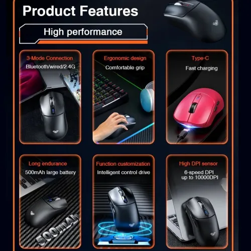 Souris Gaming Professionnel Tri-mode BT 5.0, 2.4G, Filaire jusqu'à 10000DPI Rechargeable SC580 AULA