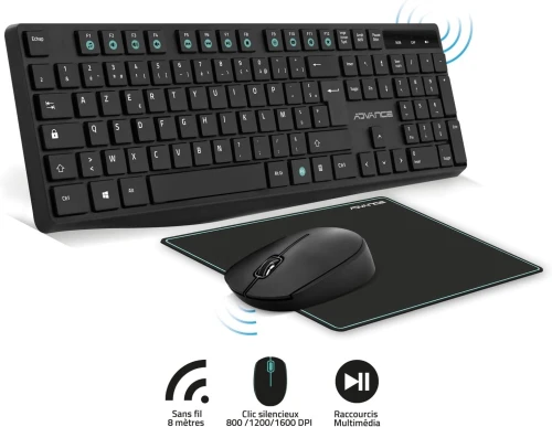Pack 3 en 1: Clavier Sans fil + Souris Sans fil + Tapis Anti-Dérapant Wireless 2.4Ghz CLS-7100RF ADVANCE
