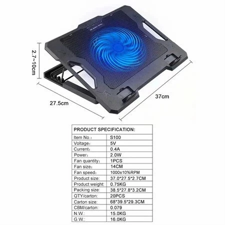 Refroidisseur Laptop Hauteur Réglable avec Ventilateur Antidérapante Avec Lumière LED Bleu CP100 