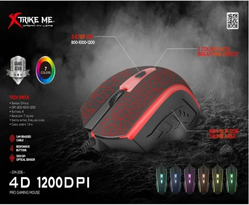 Souris Gaming Optique Filaire USB  Rétro-Éclairage LED Multicolore, Couleurs GM-206 XTRIKE ME