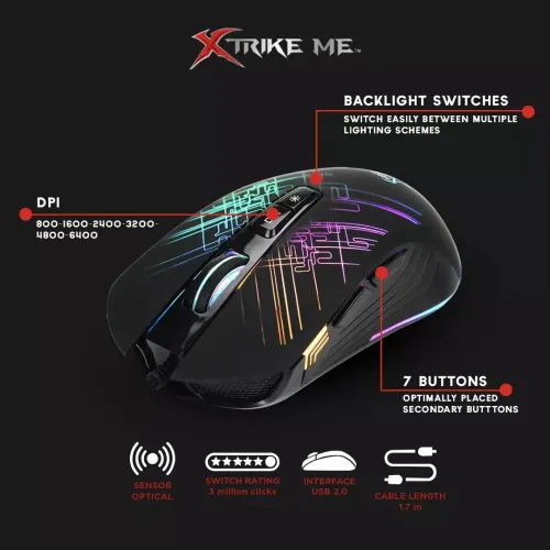 Souris Gaming Optique Filaire USB Rétro-Éclairage 7 Boutons RGB, Programmable, GM-510 XTRIKE ME
