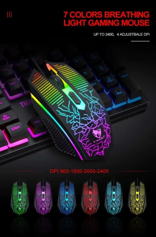  Pack Gaming 4en1 - Clavier Filaire, Souris 4 Boutons, Casque Stéréo avec Micro & Tapis TF400 T-WOLF