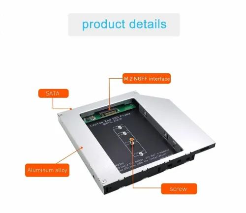 Boîtier Rack pour Disque Dur Secondaire SSD M2 NGFF pour Ordinateur Portable SATA 9.5 mm