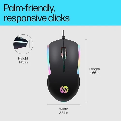HP M160 Souris optique Gaming filaire USB avec rétro éclairage LED, 1000 DPI, 3 boutons