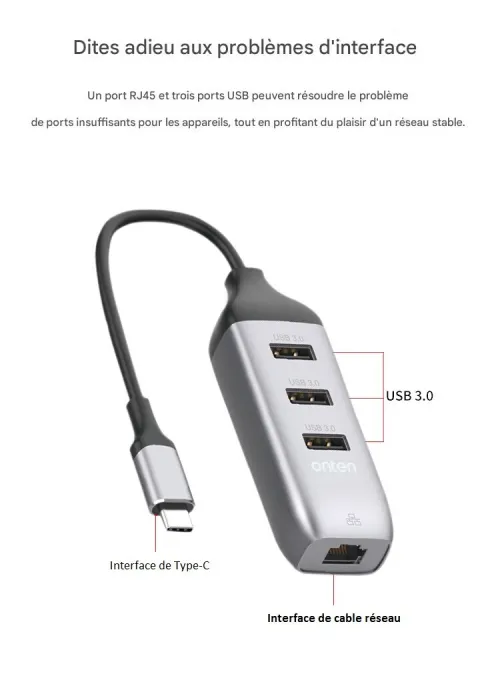 Adaptateur USB Type-C 4 en 1 Port RJ45 Réseau Ethernet Gigabit & Hub 3x USB 3.0 OTN-95118R ONTEN