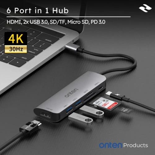 Station d'Accueil 6-en-1- USB-C, HDMI 4K, USB 3.0, Recharge PD, SD/TF, OTN-95116D ONTEN