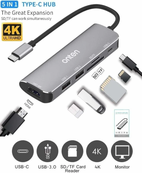 Station d'Accueil 6-en-1- USB-C, HDMI 4K, USB 3.0, Recharge PD, SD/TF, OTN-95116D ONTEN