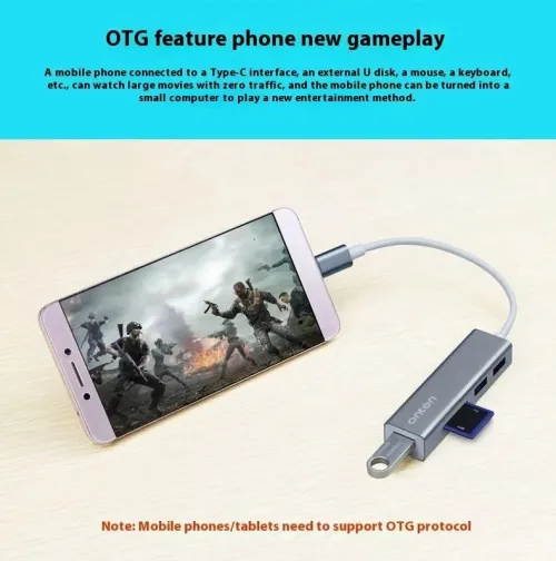 Hub USB Type-C 5 en 1 3*USB 3.0 & Lecteur de carte SD TF en alliage d'aluminium OTN-9597 ONTEN