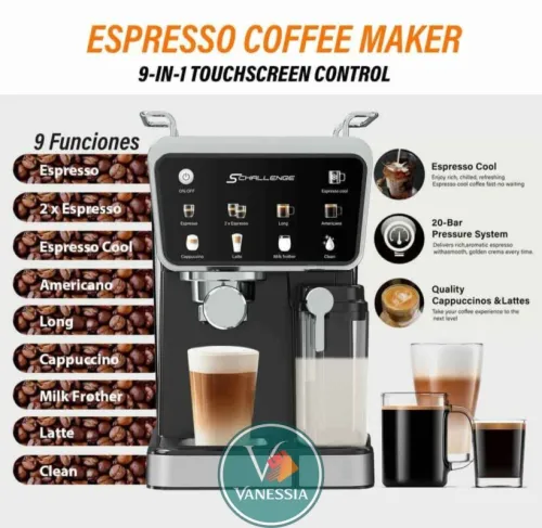 Machine à Café S CHALLENGE 9-en-1 Automatique | 20 BARS | Poudre & Capsule | Latte/Cappuccino