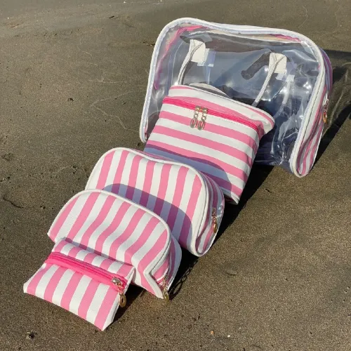 Sac de toilette 5 pièces a rayures rose et blanc