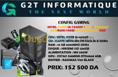 CONFIG GAMING:I3-14100F/RTX4060 8GB/16GB/256GB SSD/BOITIER RAIDMAX
