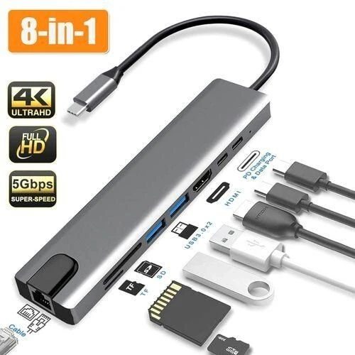 ADAPTATEUR TYPE-C 8 IN 1 RJ45+TF/SD+HDTV+USBx2+PD+TYPE-C