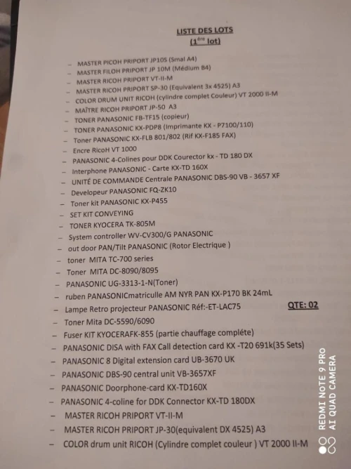 Lot des consommables plusieurs marques d'origine Panasonic Ricoh kyocera mita les finisher 