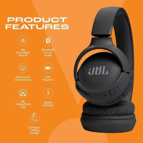 JBL Tune 520BT Casque supra-auriculaire sans fil Bluetooth 5.3 autonomie 57 heures Noir