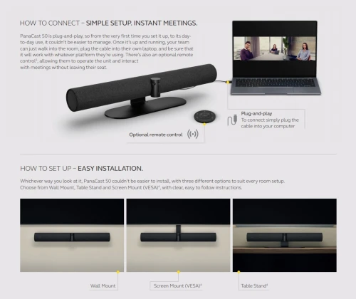 Jabra Panacast 50 Barre de visioconférence UHD 4K AI et champ de vision panoramique 4K à 180 degrés