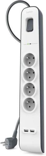 MULTIPRISE Belkin Parafoudre 4 prises, 525 Joules, cordon 2 m, USB x 2, Blanc