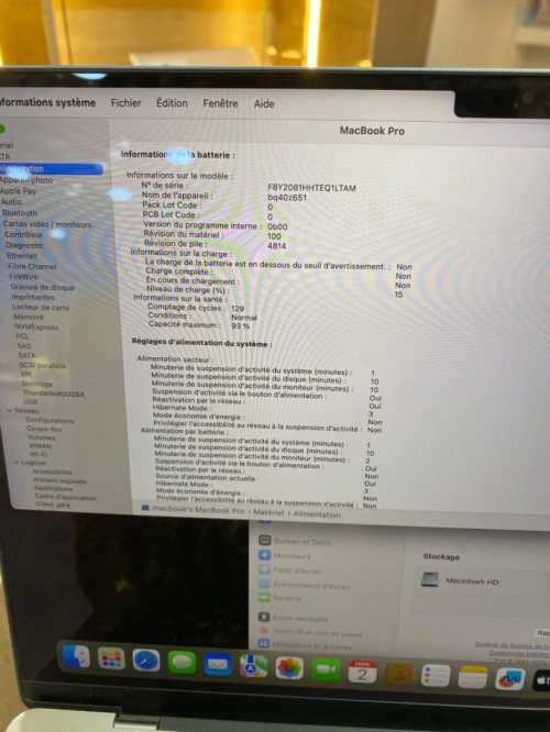 Macbook pro 2021 14pouce M1 pro 16g 512g cycle 129 libire officiel