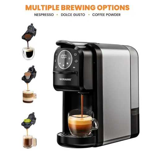 SONASHI Machine a café 3en1 capsules/café moulu/dolce gusto 20 bars 1400w INOX
