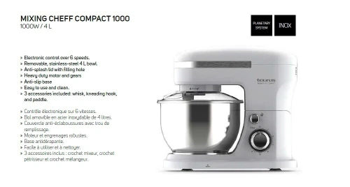 TAURUS Pétrin Mixing Chef compact 1000w 4L 1Kg